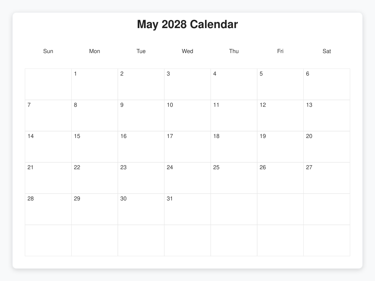 Printable May 2028 Calendars