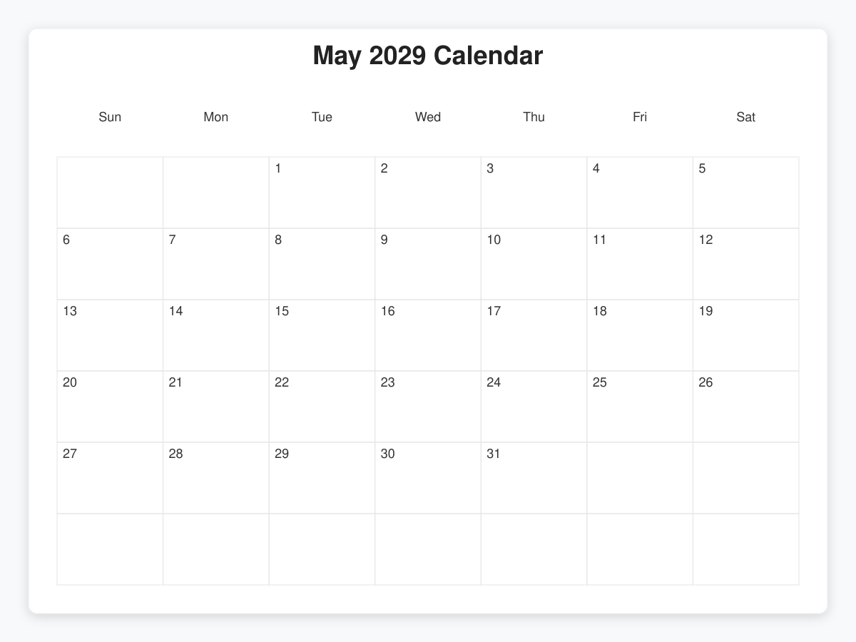 Printable May 2029 Calendars