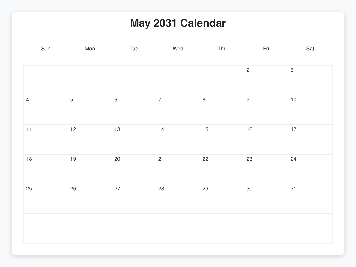 Printable May 2031 Calendars