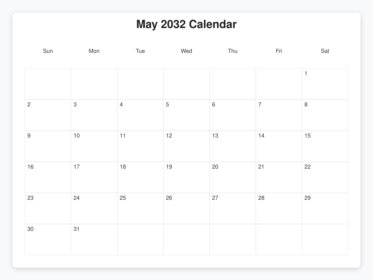Printable May 2032 Calendars