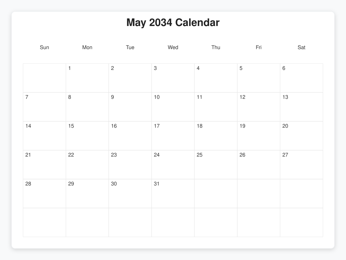 Printable May 2034 Calendars