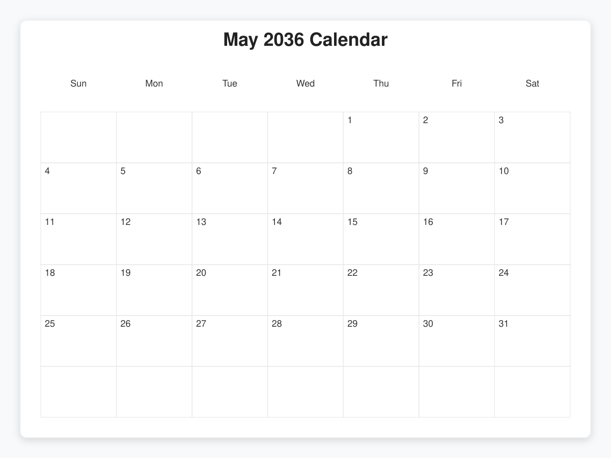 Printable May 2036 Calendars