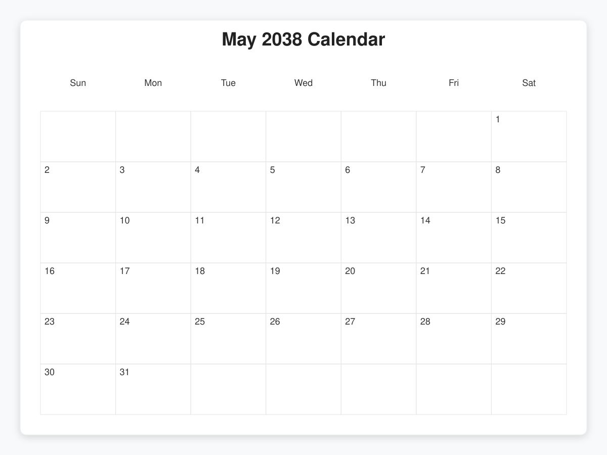 Printable May 2038 Calendars