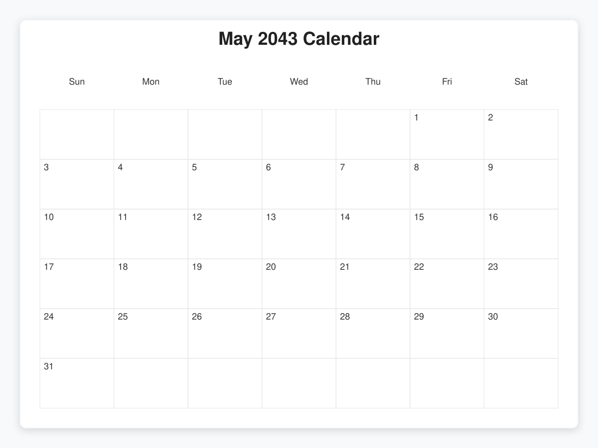 Printable May 2043 Calendars