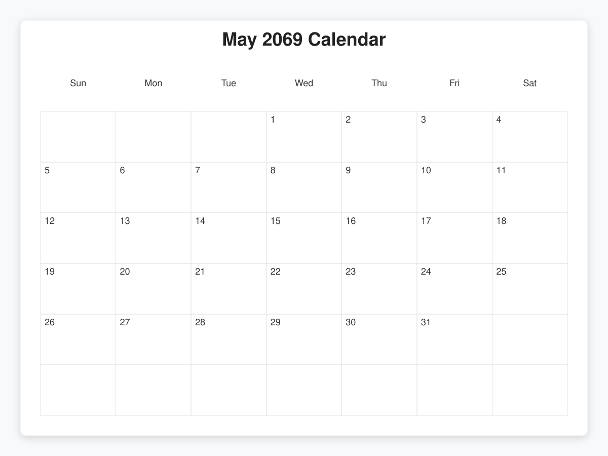 Printable May 2069 Calendars