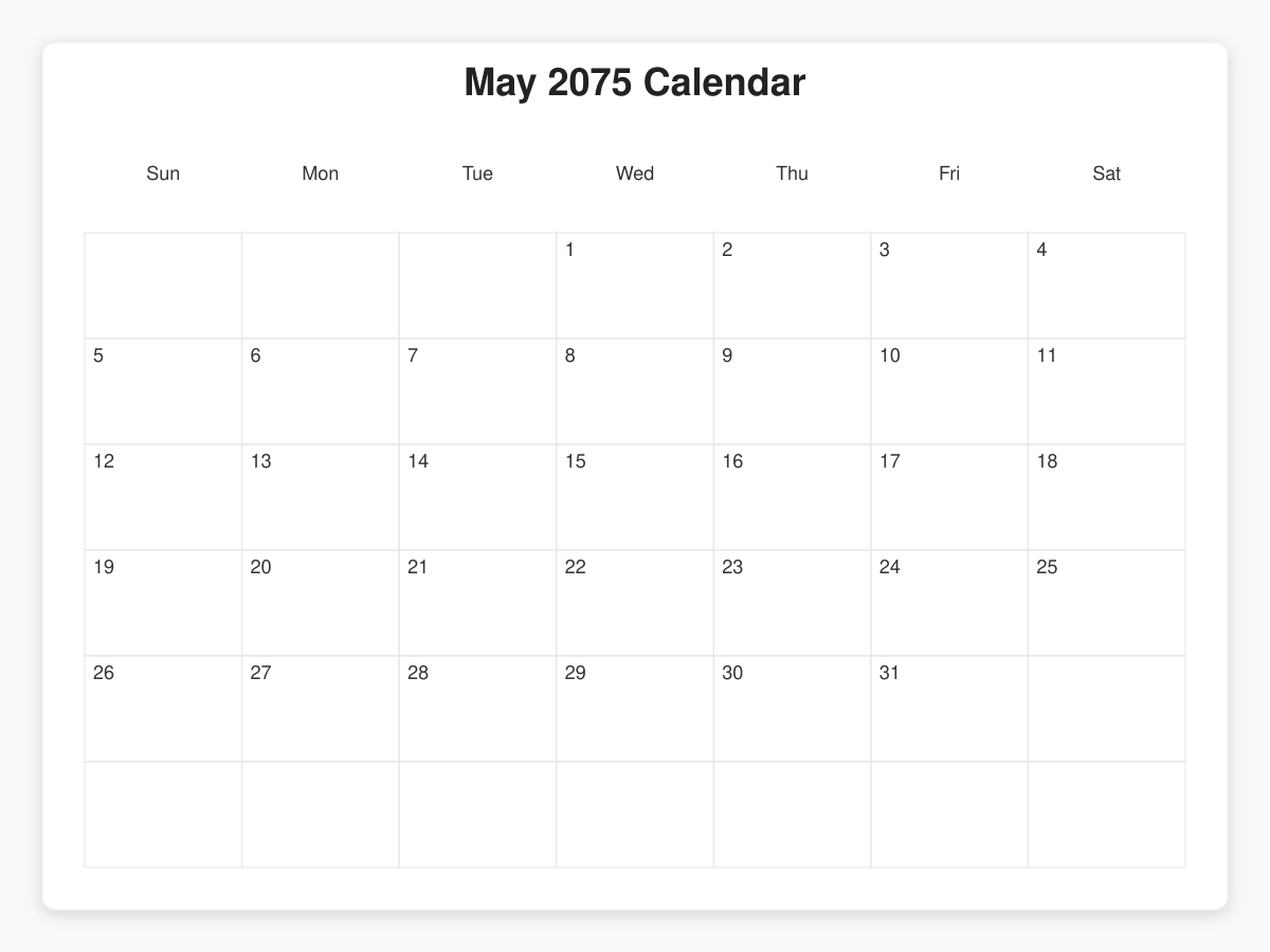 Printable May 2075 Calendars