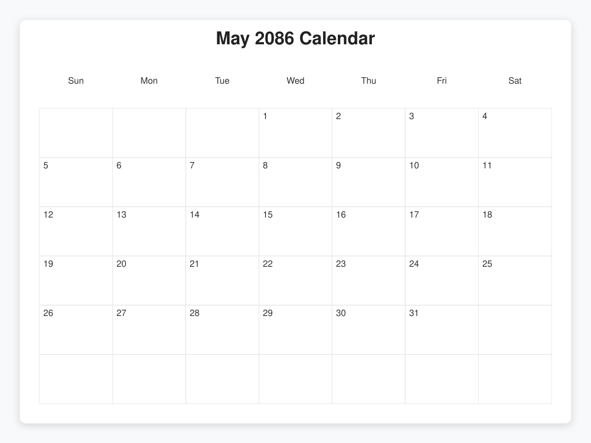 Printable May 2086 Calendars