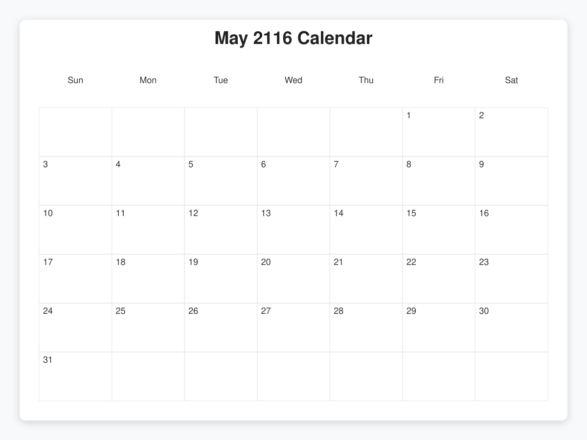 Printable May 2116 Calendars