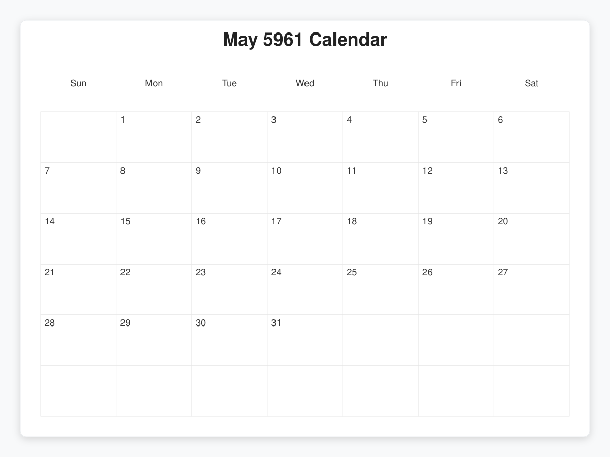 Printable May 5961 Calendars