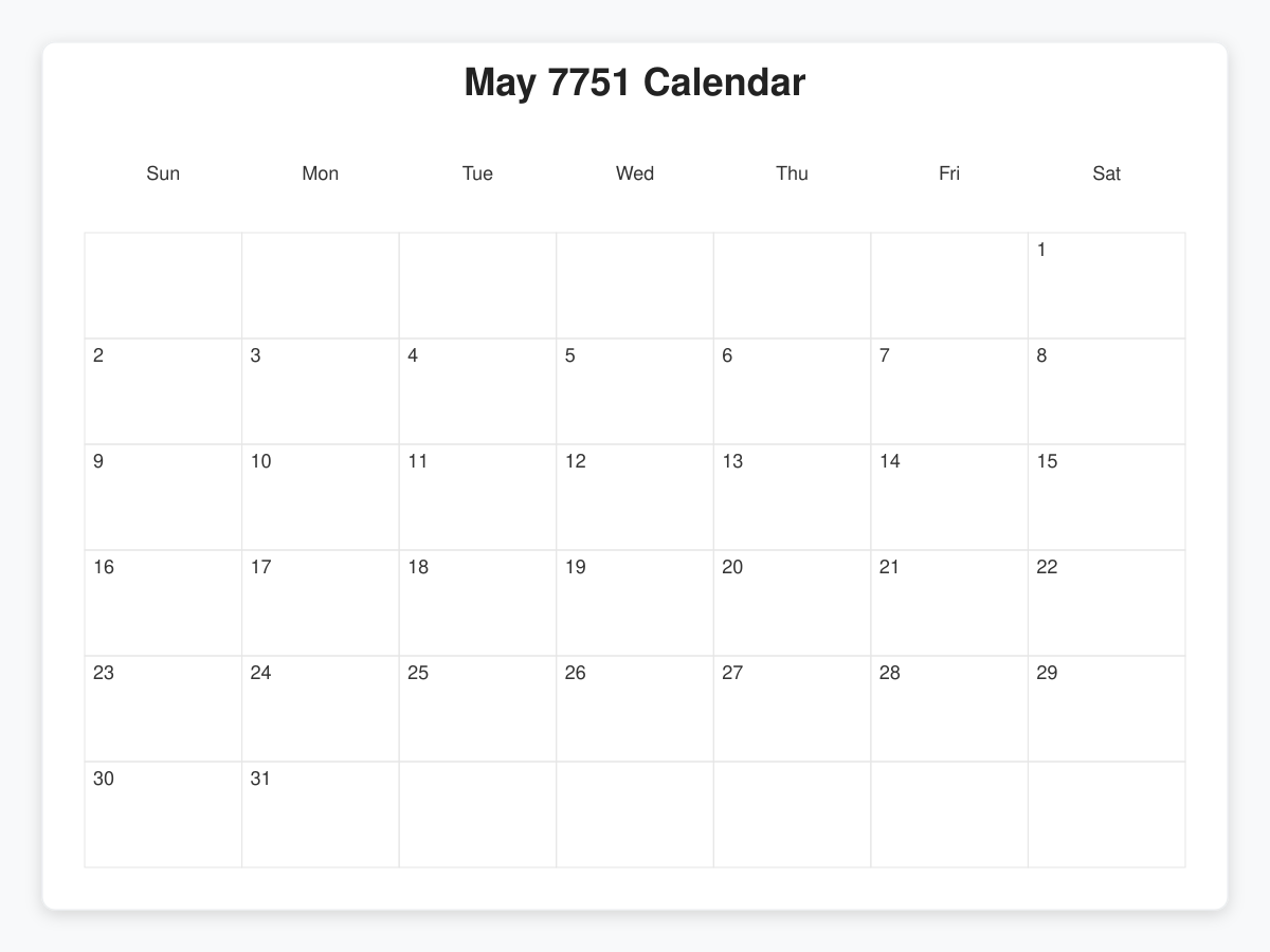 Printable May 7751 Calendars
