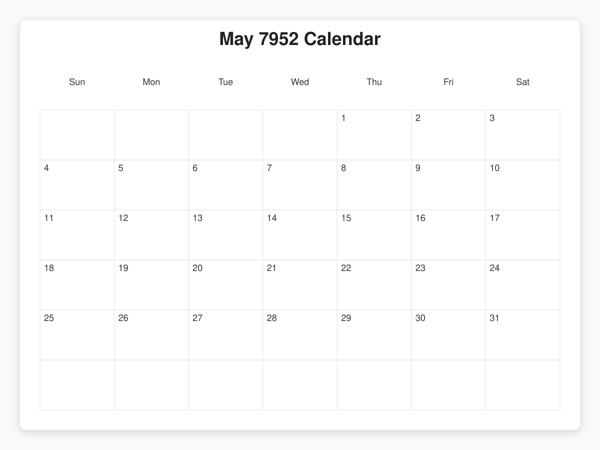 Printable May 7952 Calendars