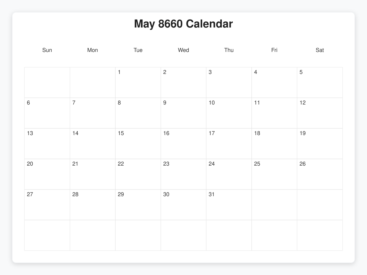 Printable May 8660 Calendars