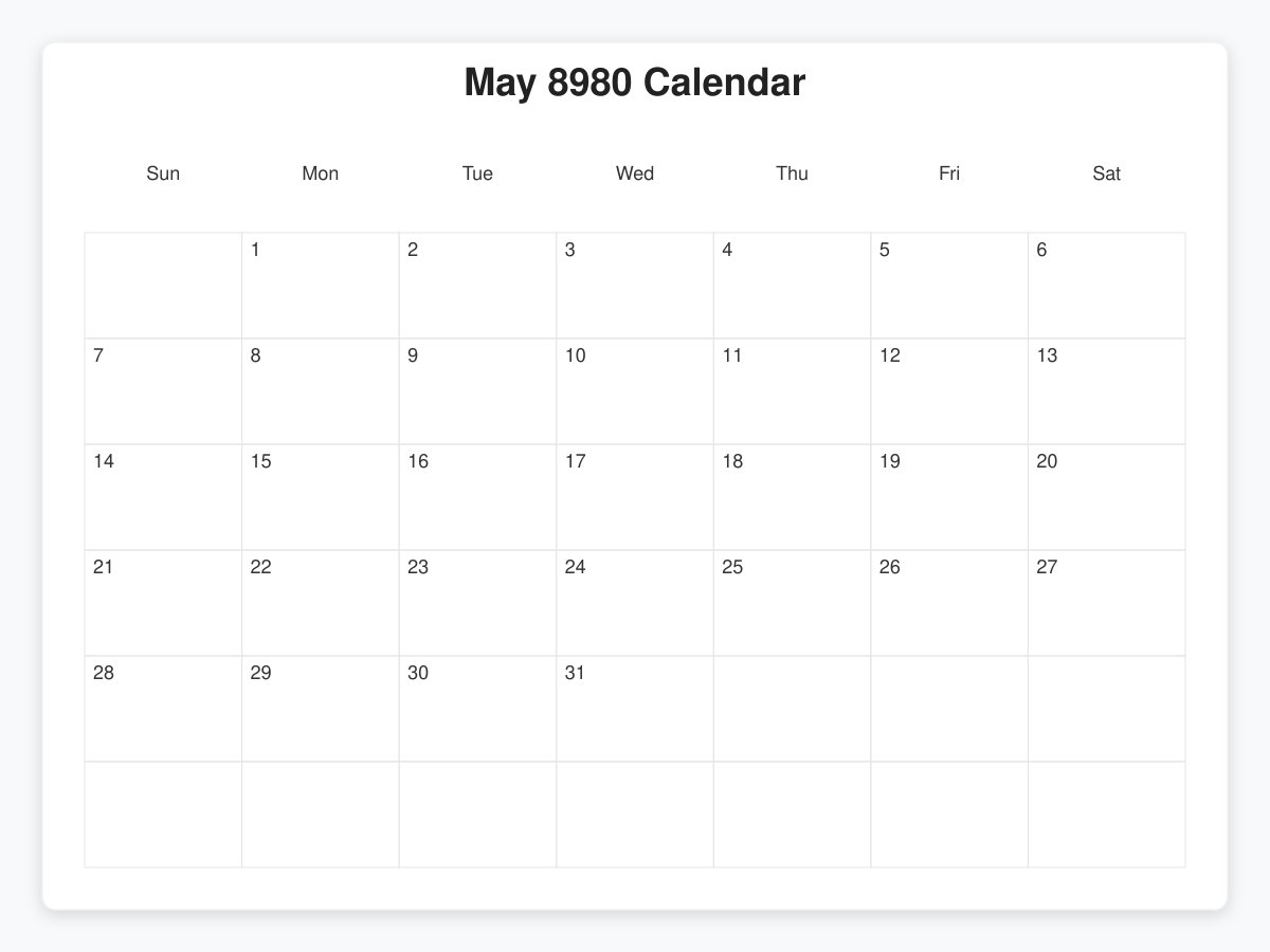 Printable May 8980 Calendars