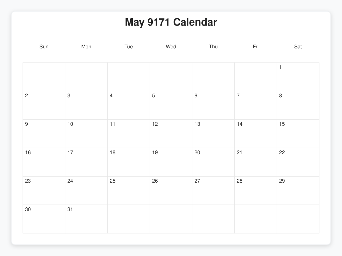 Printable May 9171 Calendars