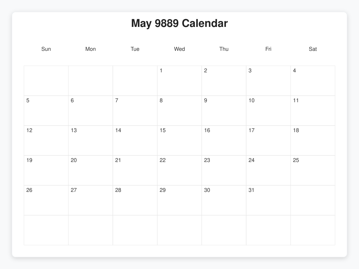 Printable May 9889 Calendars