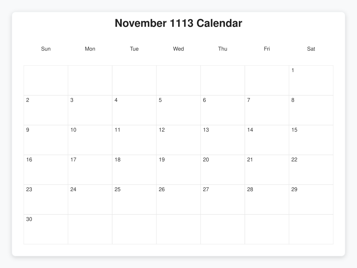 Printable November 1113 Calendars
