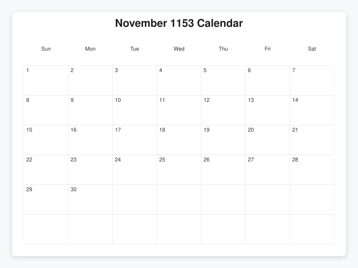Printable November 1153 Calendars