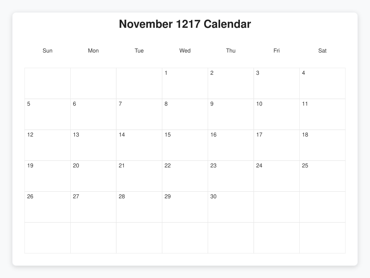 Printable November 1217 Calendars