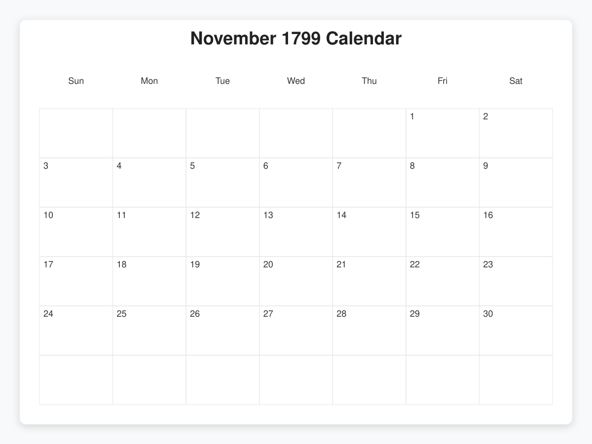 Printable November 1799 Calendars