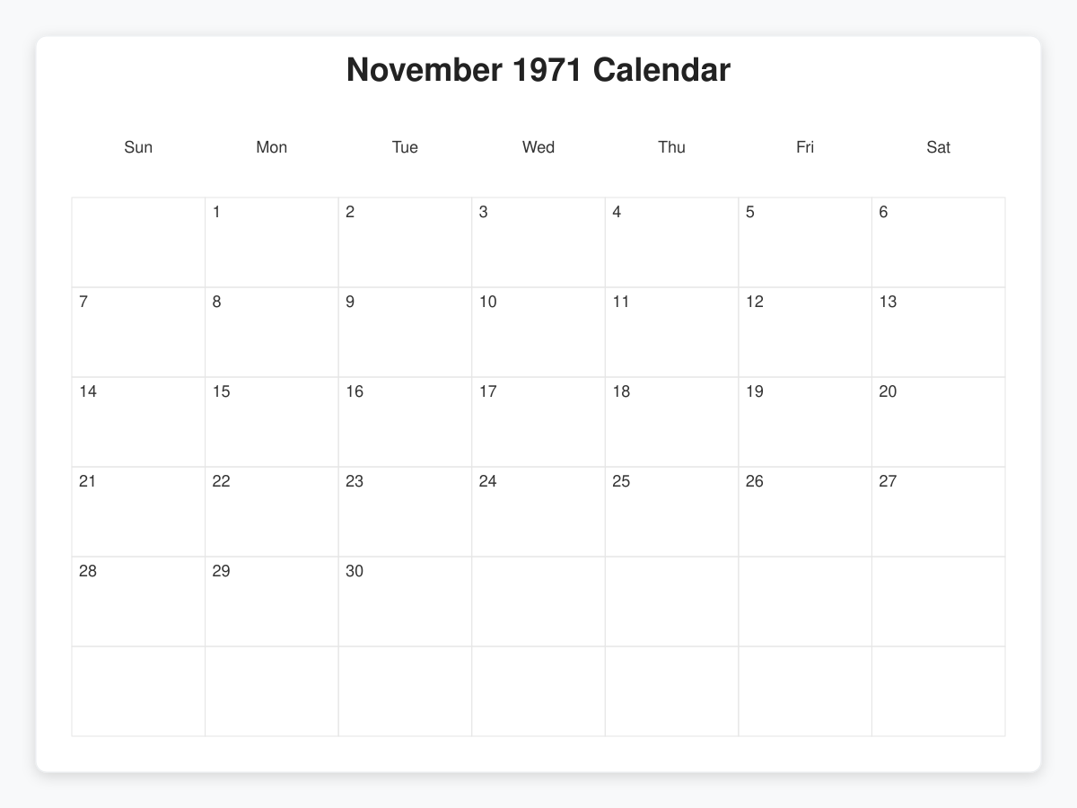 Printable November 1971 Calendars