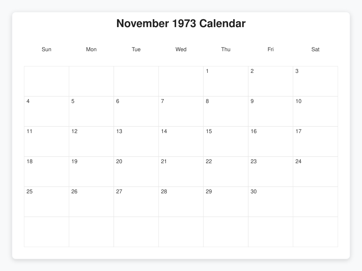 Printable November 1973 Calendars