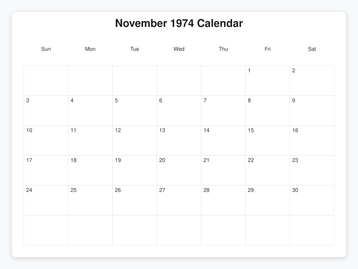 Printable November 1974 Calendars
