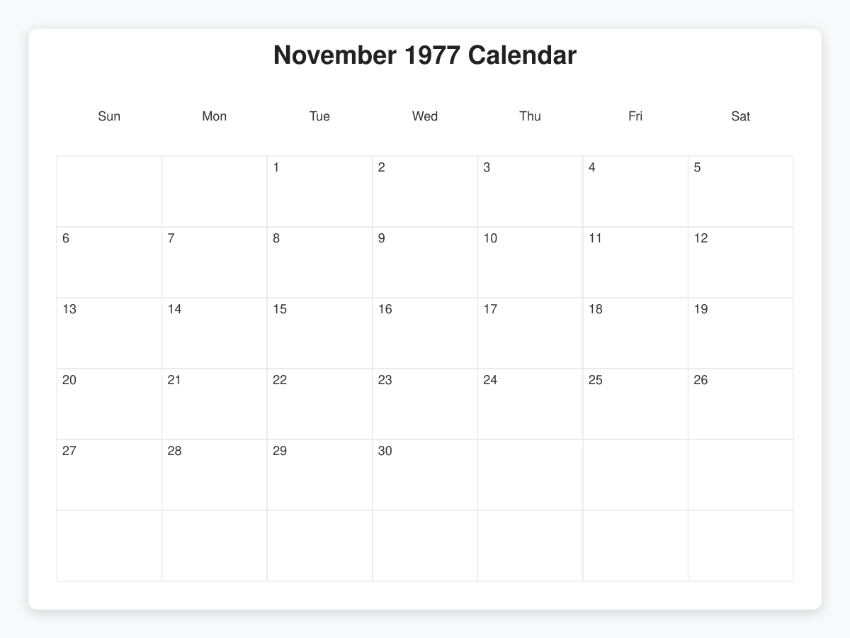 Printable November 1977 Calendars