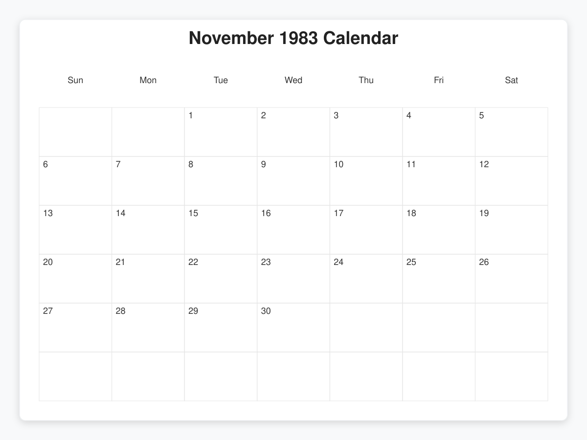 Printable November 1983 Calendars