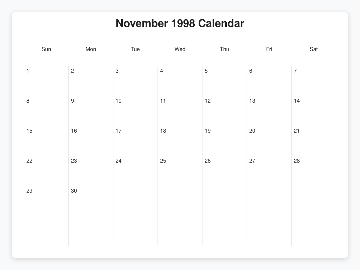 Printable November 1998 Calendars