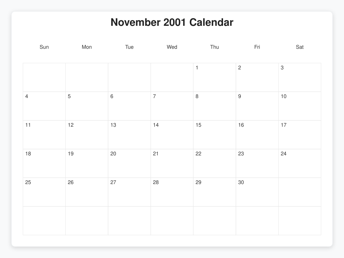 Printable November 2001 Calendars