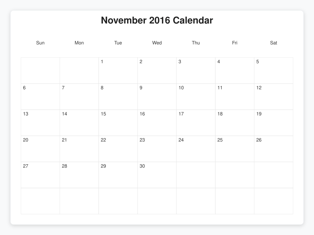 Printable November 2016 Calendars