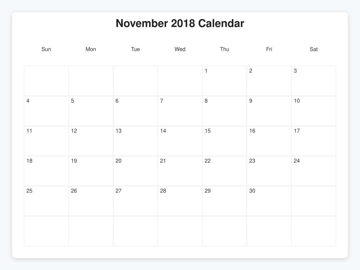 Printable November 2018 Calendars