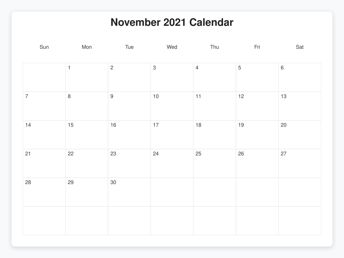 Printable November 2021 Calendars