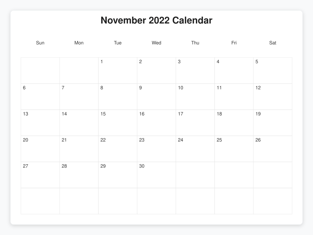 Printable November 2022 Calendars