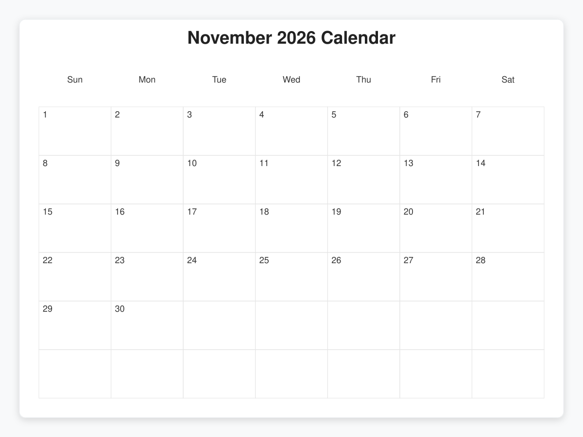 Printable November 2026 Calendars