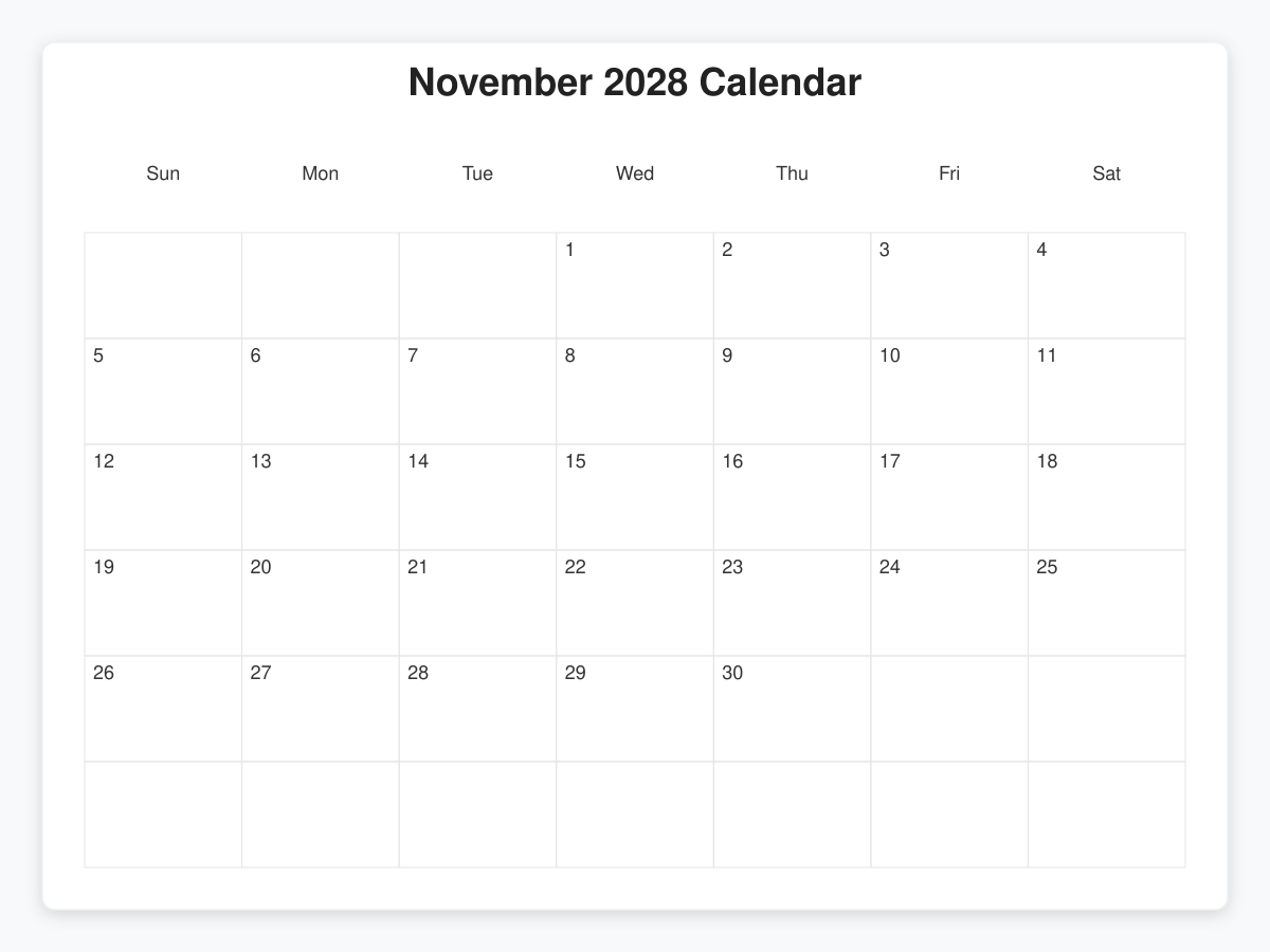 Printable November 2028 Calendars