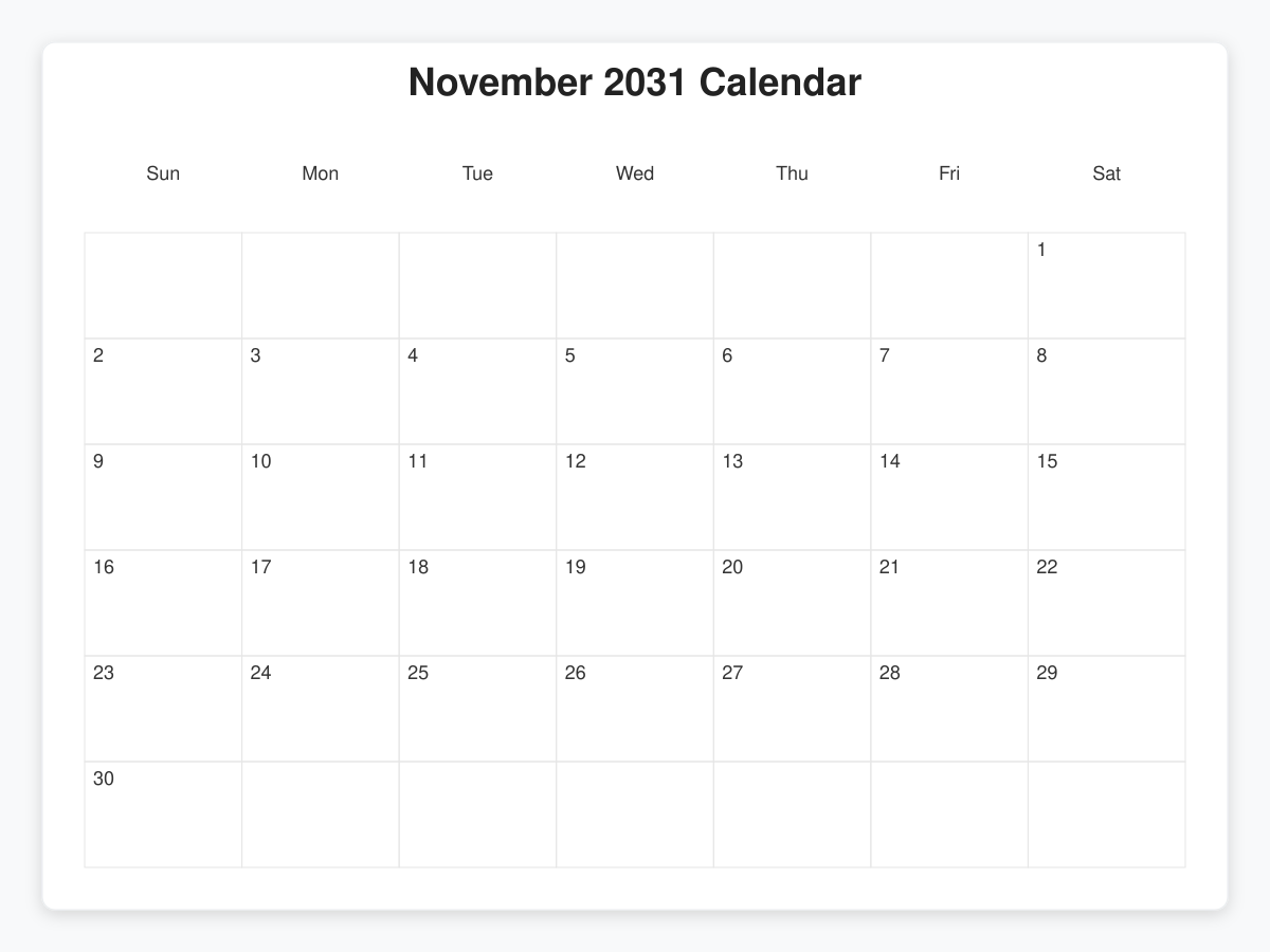Printable November 2031 Calendars