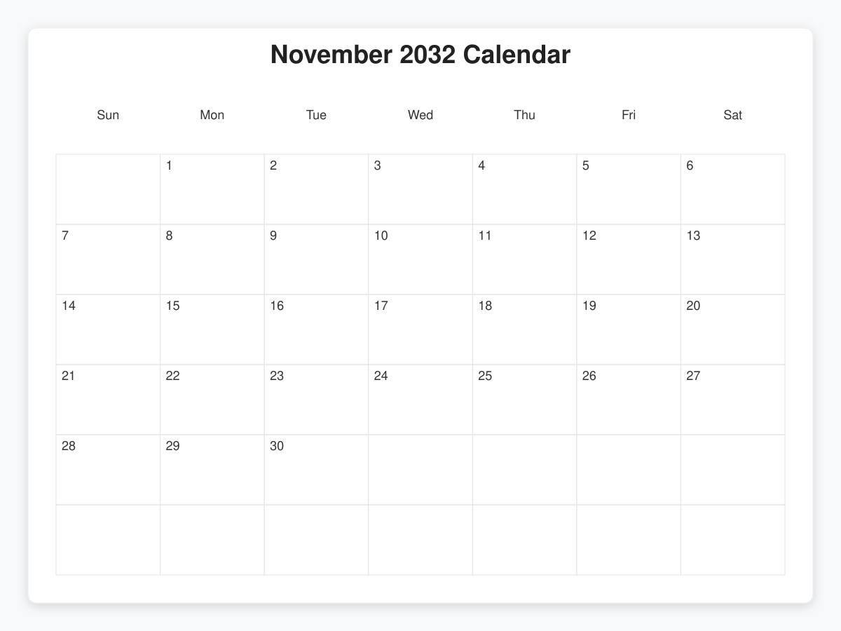 Printable November 2032 Calendars