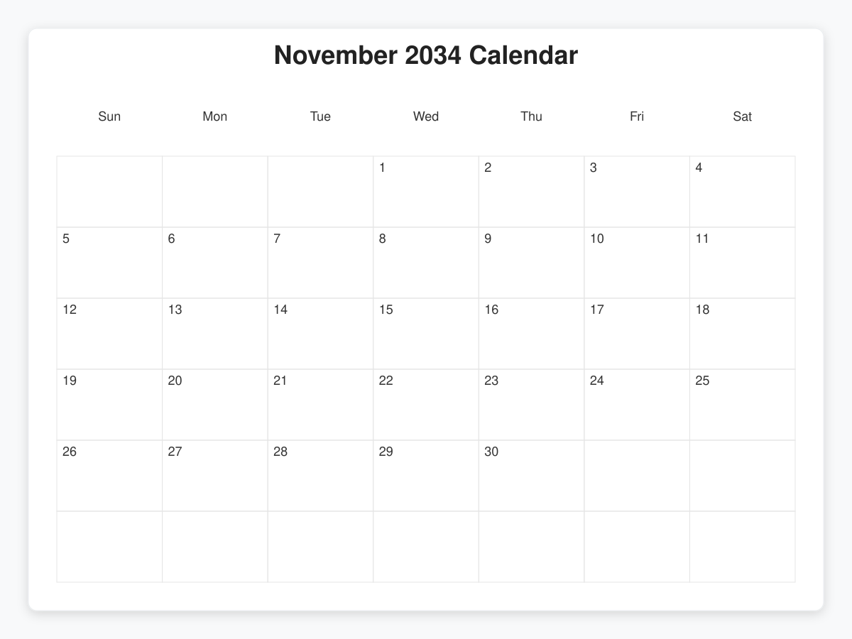 Printable November 2034 Calendars