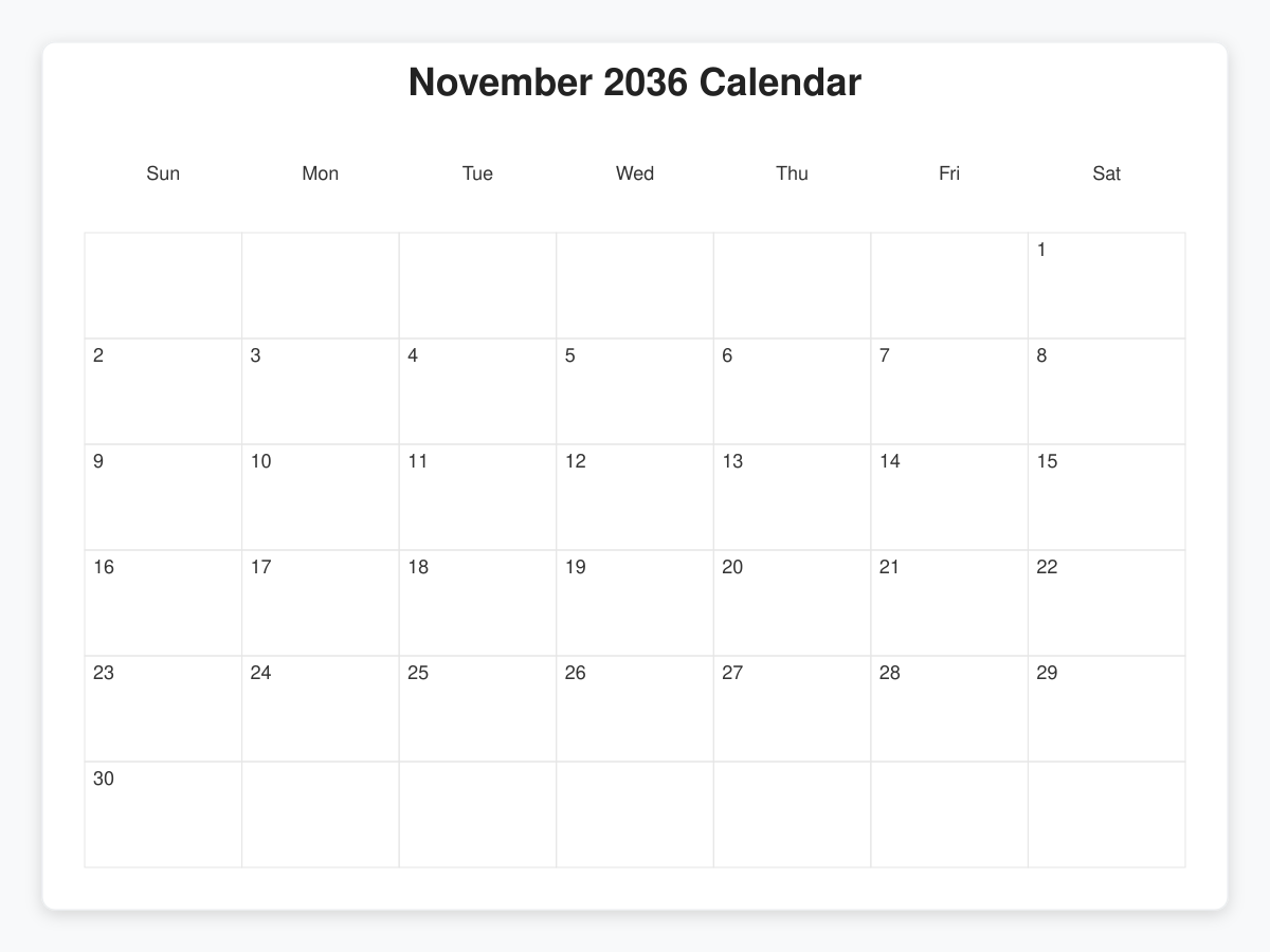 Printable November 2036 Calendars