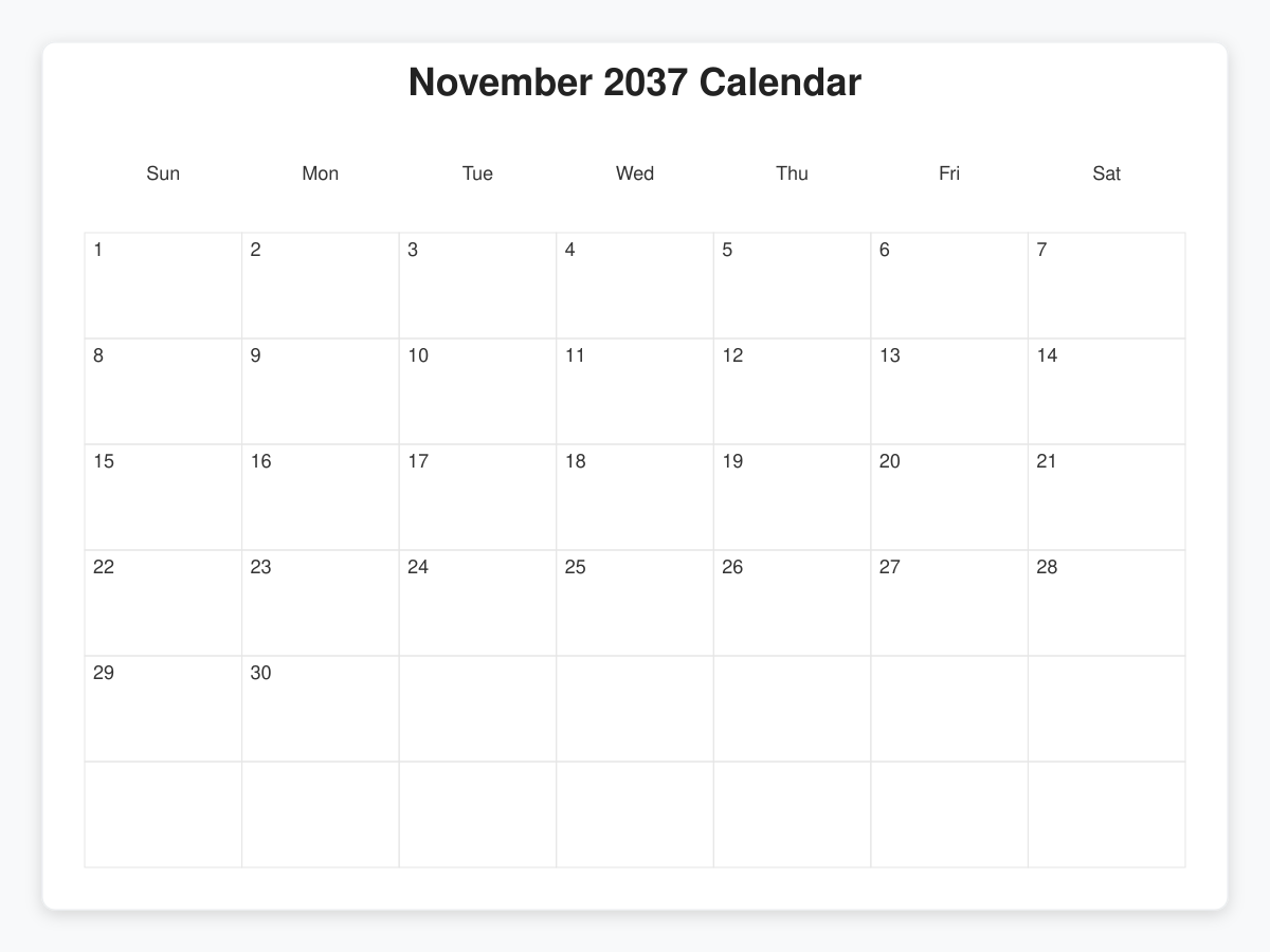 Printable November 2037 Calendars