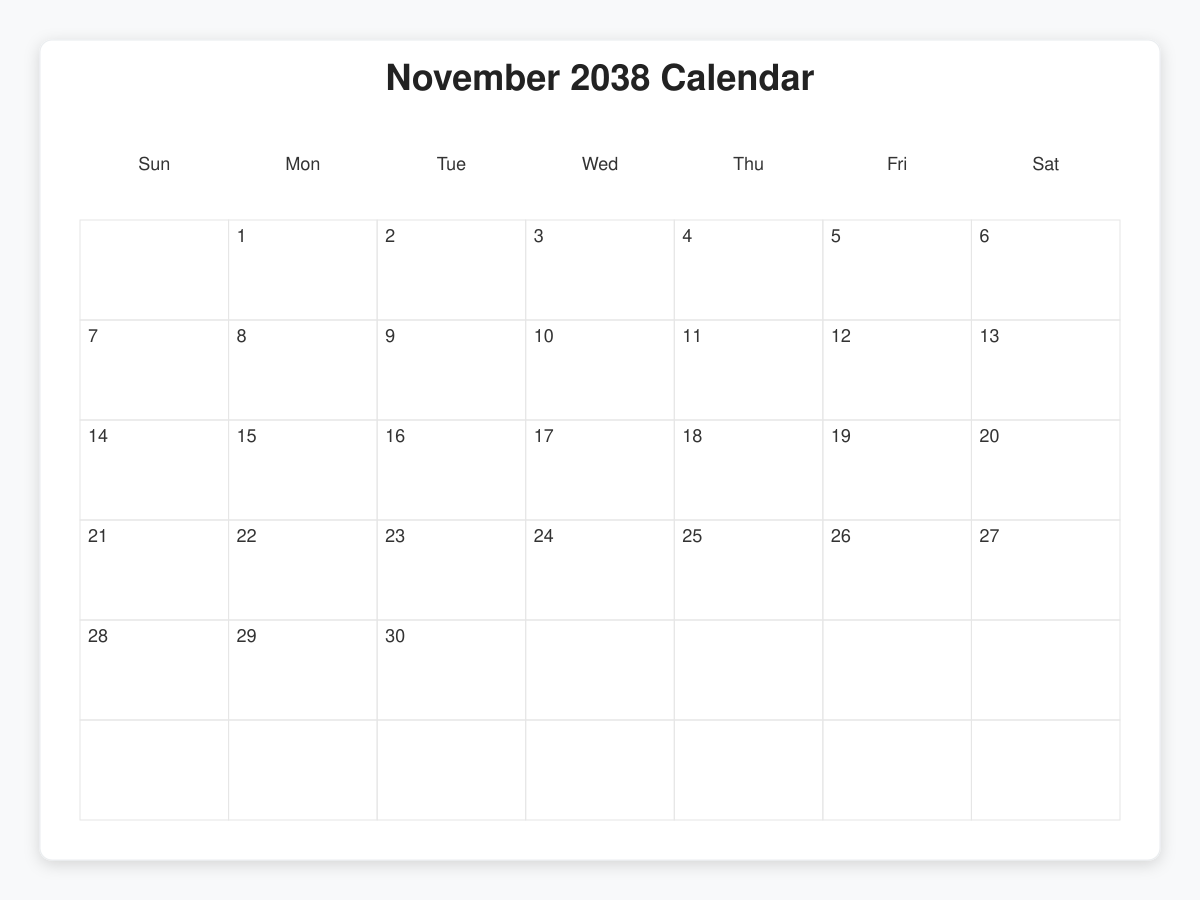 Printable November 2038 Calendars
