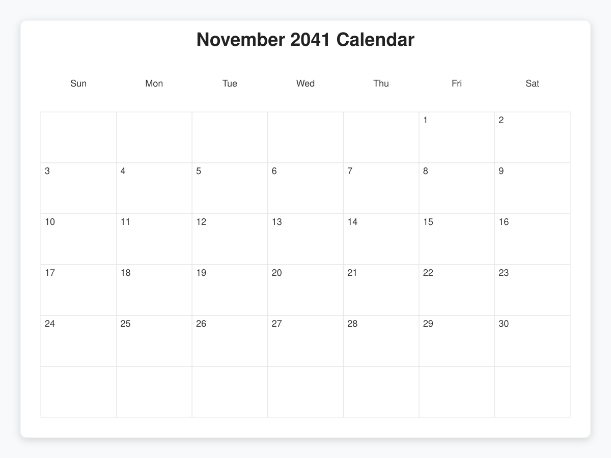 Printable November 2041 Calendars
