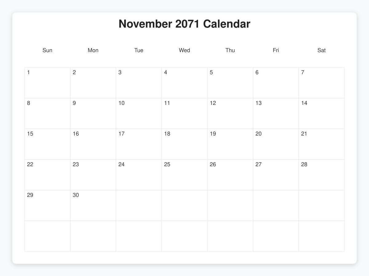 Printable November 2071 Calendars