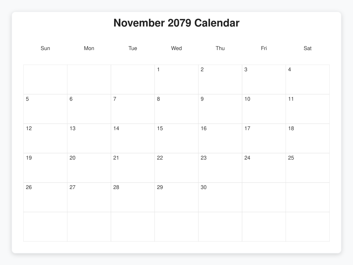 Printable November 2079 Calendars