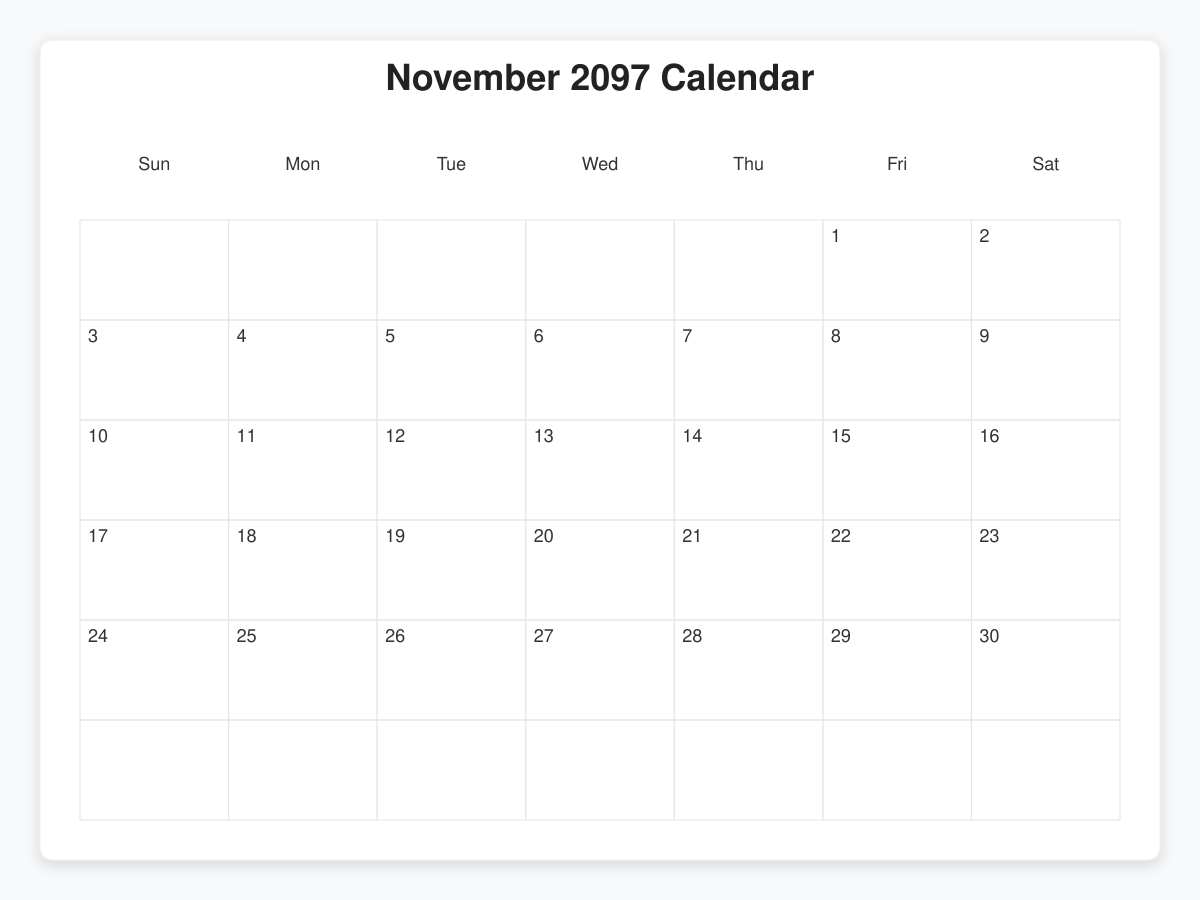 Printable November 2097 Calendars