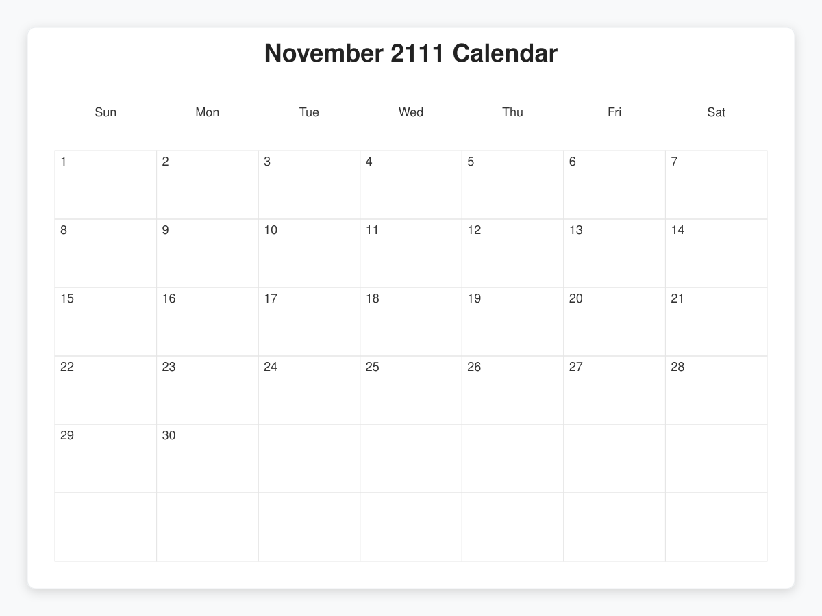 Printable November 2111 Calendars