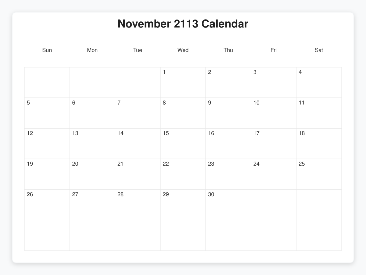 Printable November 2113 Calendars