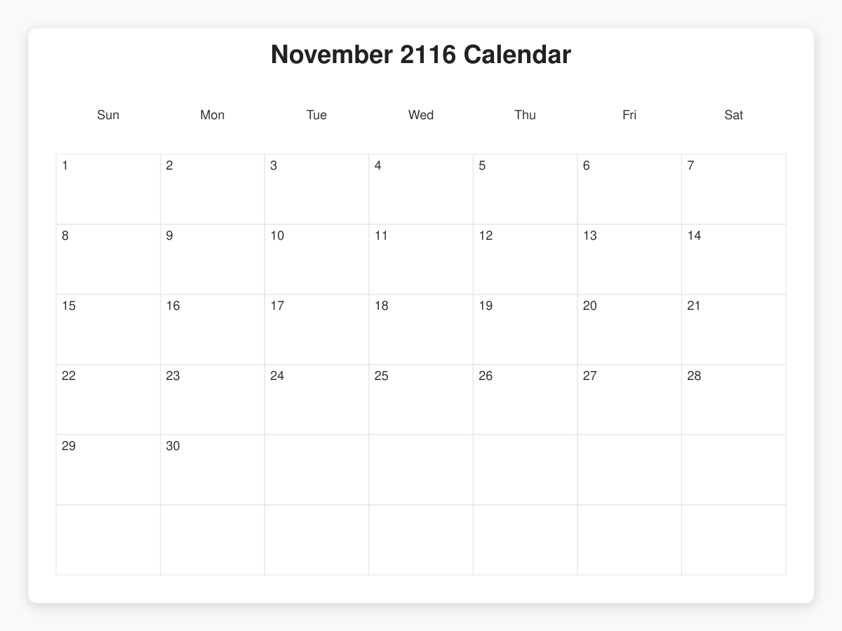 Printable November 2116 Calendars
