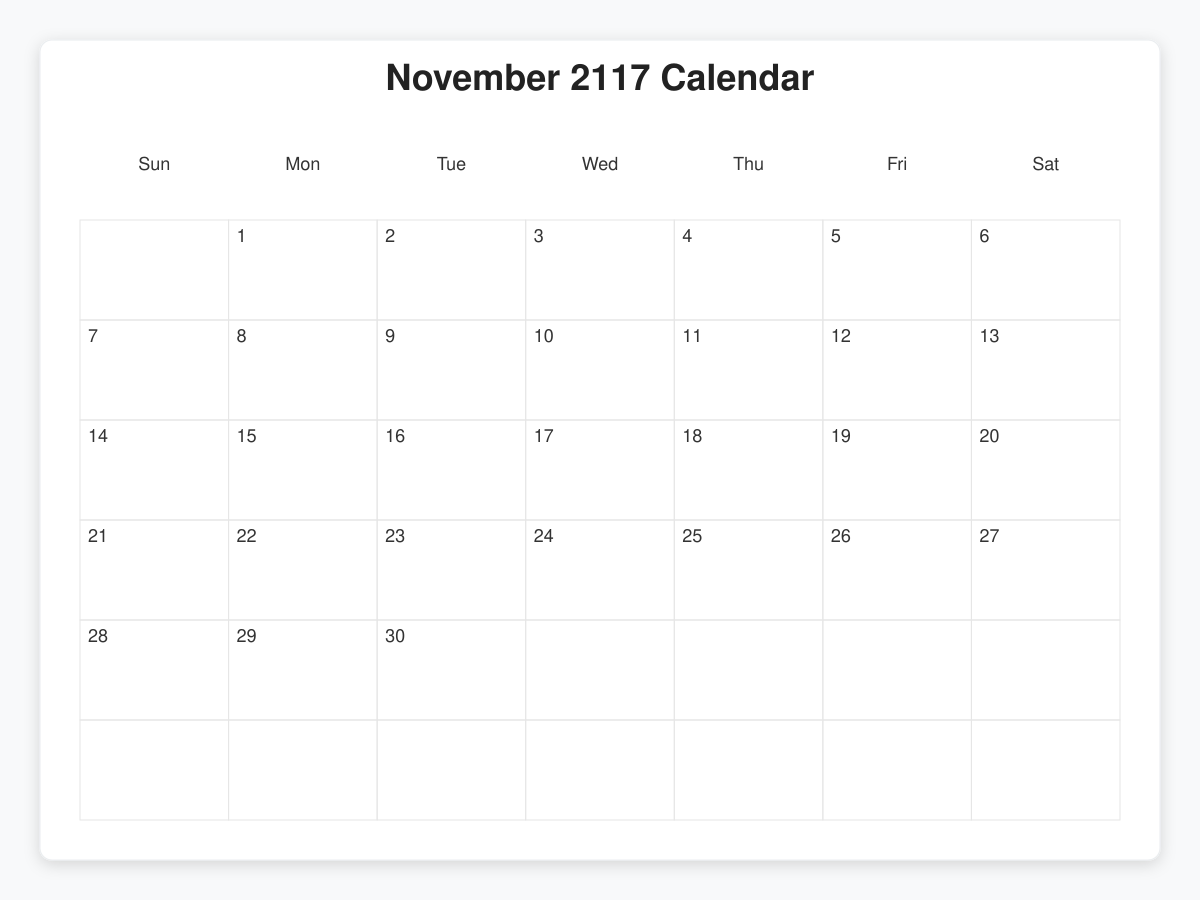 Printable November 2117 Calendars